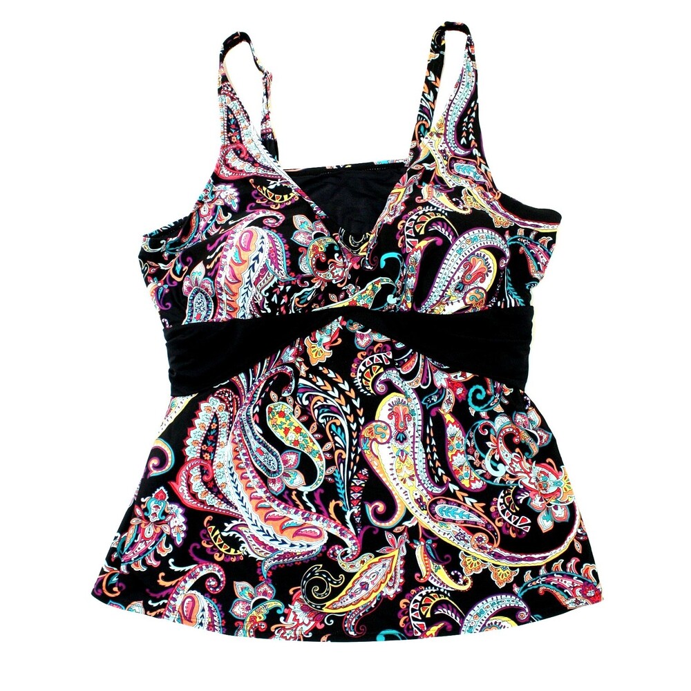CROFT & BARROW Tankini Swimsuit Top Sz. 2X Black Multicolor Paisleys Sexy #04
